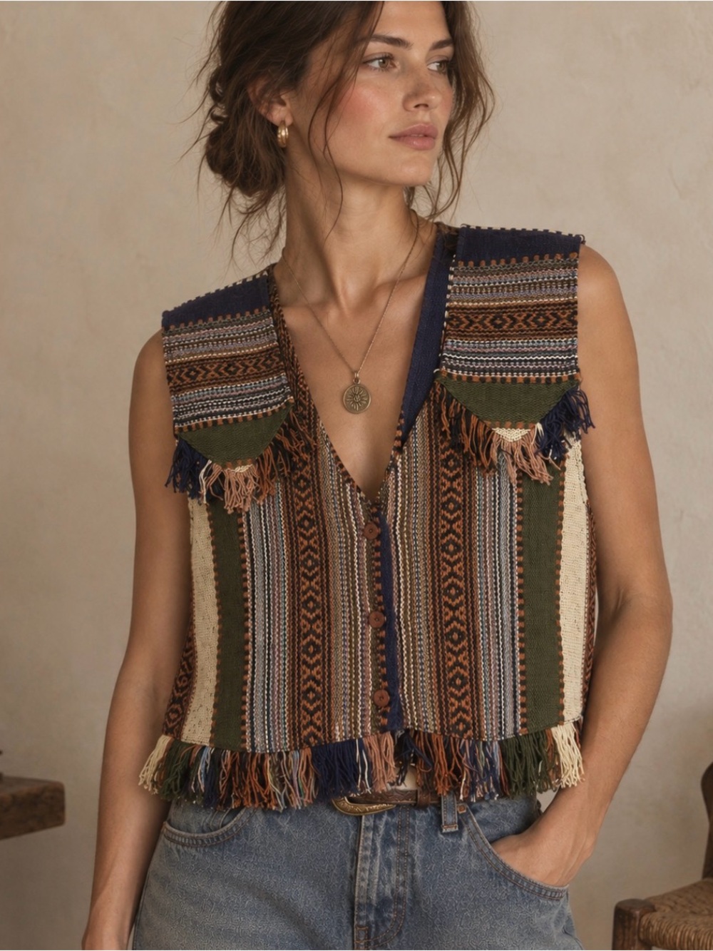 Vintage 90s Agapo Collection Woven Tapestry Fringe Vest Boho Southwestern Sz Med